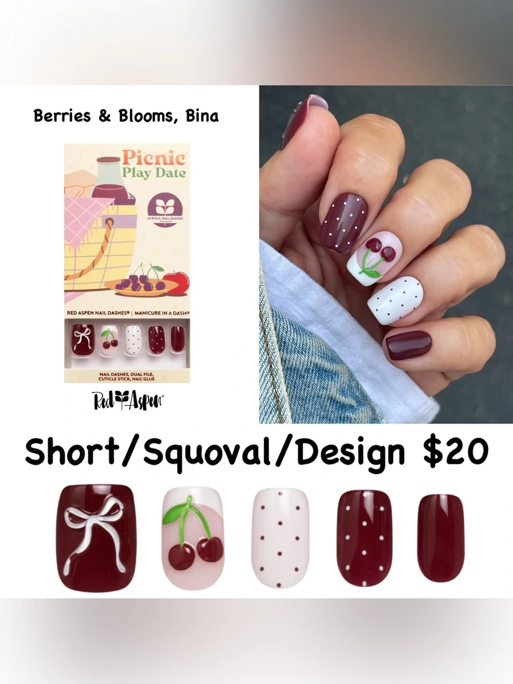 Red Aspen Picnic Play Date Burgundy & White Cherry Press-On Nails